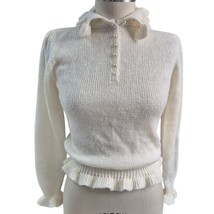 Vtg 80s Mohair Blend Cream Sweater Ruffle Trim /Peplum Pearl Button Up N... - $967.92 MXN