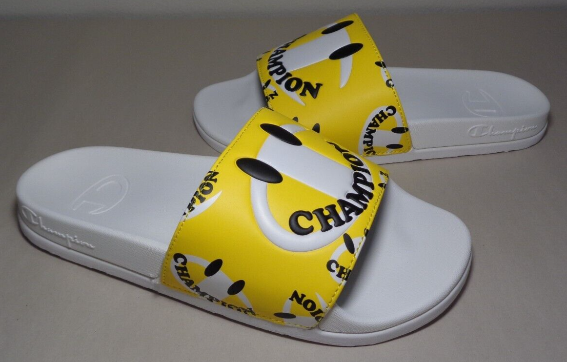 Champion Size 9 M IPO SQUISH SMILE White Yellow Slides Sandals New Women's Shoes