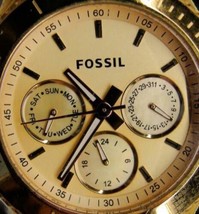 Fossil ES2859 111211 5 ATM WR Gold Tone Chronograph Watch Analog Quartz New Batt - £43.52 GBP