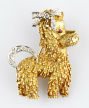 18k Yellow Gold Poodle Brooch with Diamond and Ruby Accents TCW = 0.18 w/ Cert - £2,849.65 GBP