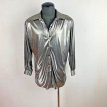 Vintage Orare Liquid Silver Disco Shirt Womens 16 Long Sleeves Button Front Flaw - £18.79 GBP