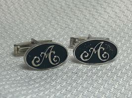 Vtg Oval Black And Silvertone Script Initial &quot;A&quot; Men&#39;s Cuff Links Jewelry - £23.94 GBP