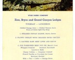 Zion Bryce and Grand Canyon Lodges Luncheon Menu Postcard 1960&#39;s - £18.65 GBP