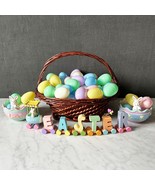 Easter Table Decor Wicker Basket - Plastic Eggs - Bunny Dishes - Wooden ... - $47.45