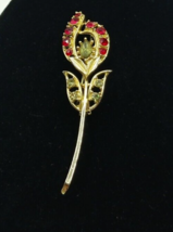 Vintage Estate Red and Pale Green Rhinestone Gold Tone Flower Brooch Pin 3.5&quot; - £19.56 GBP