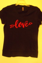Women New District Made Black Cap Sleeve T Shirt Glitter Love Size M - $14.95
