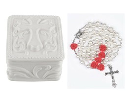Porcelain Cross Rosary Box White Red Rose Bead Rosary First Communion Baptism - £15.97 GBP