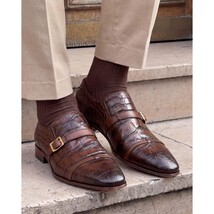 The Strat Single Monk Strap Cap Toe Brown Leather Handmade Men Shoe image 11