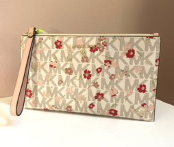 Michael Kors Jet Set Monogram Pink Floral Wristlet Vanilla  Large Zip  B14 - £77.55 GBP