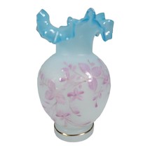 Vintage Fenton/Bristol Glass Hand Painted Flower Vase Blue Ribbon Rim Pink Base - £73.57 GBP