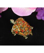 Hollycraft TURTLE Rhinestone PIN Vintage Brooch Oranges Yellow Goldtone 2.25" - $580.95 MXN