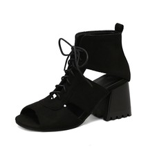 Women Gladiator Sandals Blue Denim Jean Shoes Ladies Block Heels Cutout Lace-up  - £59.07 GBP