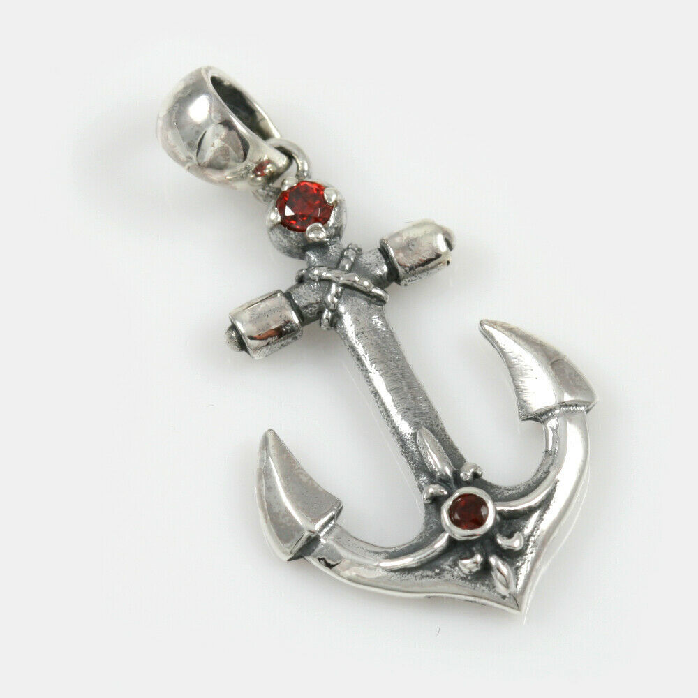 Fleur-de-lis Anchor Sterling Silver Pendant with Red Garnet Stones GI™ S... - $148.50
