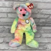 TY 2000 B.B. Bear Beanie Buddy 14&quot; Tie Dye Rainbow Happy Birthday Bear W... - £10.40 GBP