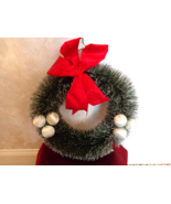 Vintage Christmas Bottle Brush Wreath Red Bow &amp; White Satin Ornaments (#... - £23.58 GBP