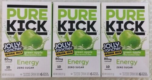 3x Pure Kick Energy Jolly Rancher Green Apple Zero Sugar Drink Mix SAME-DAY SHIP - $11.99