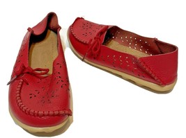 Kunsto Womens Leather Loafers Flats Lace Up Slip On Red Shoes Size 37 US... - $15.62