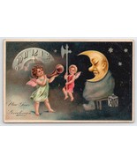 New Year Anthropomorphic Resting Moon And Angels With Horn Postcard O24 - £14.84 GBP