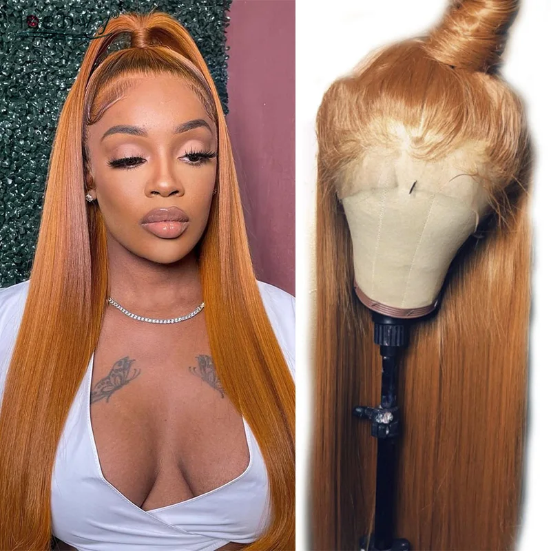 Ginger Blonde 13X4 Lace Frontal Wig 30 Inch Orange Brown Straight Human Hair - £82.90 GBP+