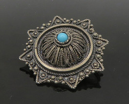 ISRAEL 925 Sterling Silver - Vintage Antique Turquoise Dome Brooch Pin - BP8322 - £58.40 GBP