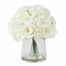 Floral Centerpiece in Glass Vase Hydrangea and Rose Flowers 11 x 10 Inches - £44.18 GBP