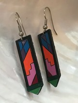 Estate Long Colorful Painted Black Leather MODERNIST Dangle Earrings for Pierced - £13.56 GBP