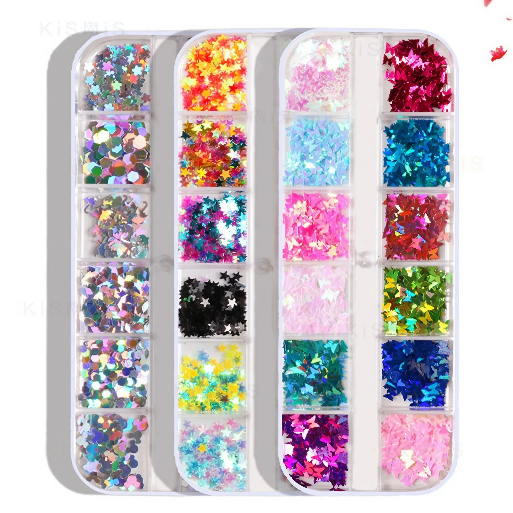 1 Box 12 Grids Holographic Nail Glitter Sequins Sparkly 3D Thin butterfl... - £7.80 GBP+