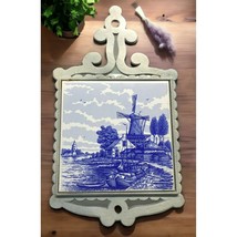 Vintage Dutch Windmill Trivet Countryside Boats Blue White Tile Made in Japan - £21.56 GBP