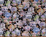 Cotton Tea Party Teapots Teacups Black Cotton Fabric Print by the Yard D... - $11.95