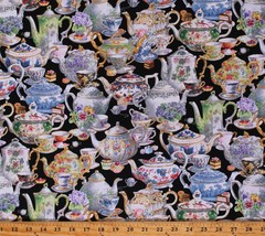 Cotton Tea Party Teapots Teacups Black Cotton Fabric Print by the Yard D567.01 - £9.55 GBP