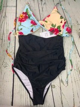Womens Black Floral Print Halter Cutout High Waist One Piece Swimsuit Small - £22.58 GBP