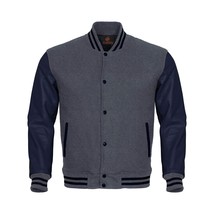 Letterman Jacket Varsity Jacket Gray Body &amp; Navy Blue Leather Sleeves - £82.77 GBP+