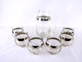 1950&#39;s Libbey Pitcher and Glass set of 7 Brandy Cordial Silver Tone Band Vintage - £22.86 GBP