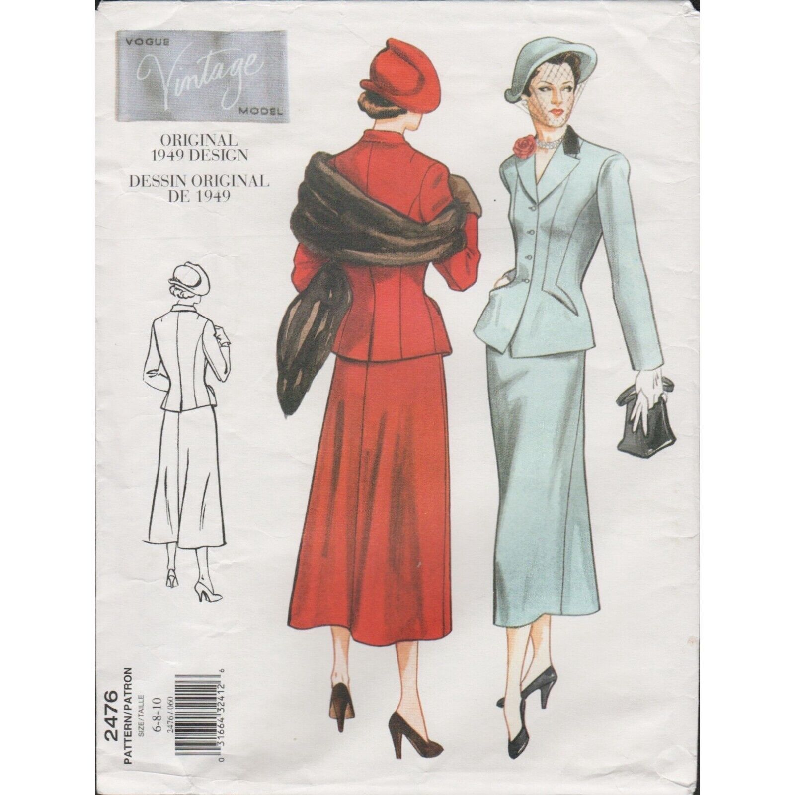 Vogue 2476 Vintage Model Pattern 1940s Reissue Nip Waist Jacket & Skirt 6-10 UC - $29.39