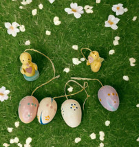 Miniature 6 Piece Pastel Painted Wood Yellow Ducks Eggs Ornaments Easter - £7.25 GBP