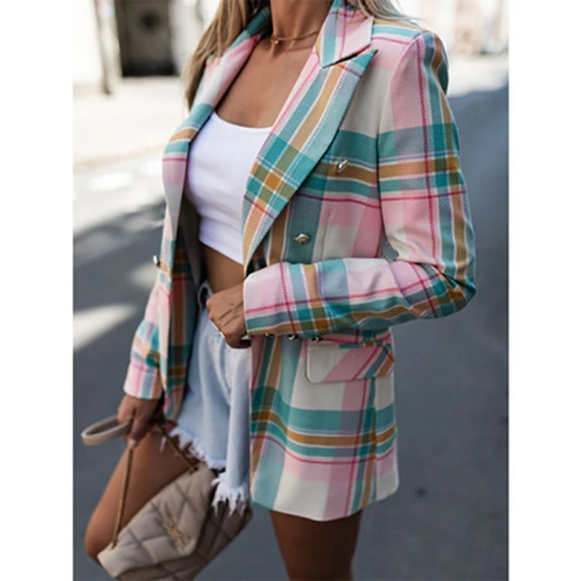 Spring Autumn Plaid Blazer Women Vintage Tweed Suits Office Ladies Chic Slim Dou - £124.04 GBP