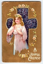 Easter Postcard Angel Girl Playing Embossed Holy Cross Flowers Religious 1909 - £8.55 GBP