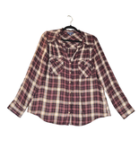Democracy Womens Medium Button Up Shirt Plaid Burgundy Gold Ruffle Neck ... - $18.11 CAD