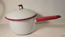 Vintage Enamel Sauce Pan with Red Trim Lid Included - £19.64 GBP