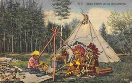 Native American Indian Family Tepee Northwoods Minnesota 1949 linen postcard - $6.39