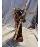 Vintage Hand Carved Olive Wood Jesus Carrying Cross Statue 10.5” Israel - $62.70 CAD
