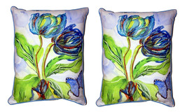 Pair of Betsy Drake Tulips &amp; Morpho Butterfly Outdoor Pillows 20 Inch x 16 Inch - £71.21 GBP
