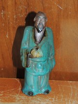 Chinese Mud Man 4&quot;+ w fruit / melon blue-green robe Mudman Men Antique p... - $31.49