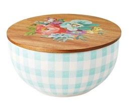 Pioneer Woman ~ 10.5&quot; Stoneware ~ Floral Check ~ Versatile Bowl w/Wooden... - £35.31 GBP