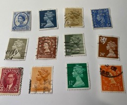 12 Vintage Mix British Stamps Of Queen And King By Machin In 1924. set # 8 - $10.40