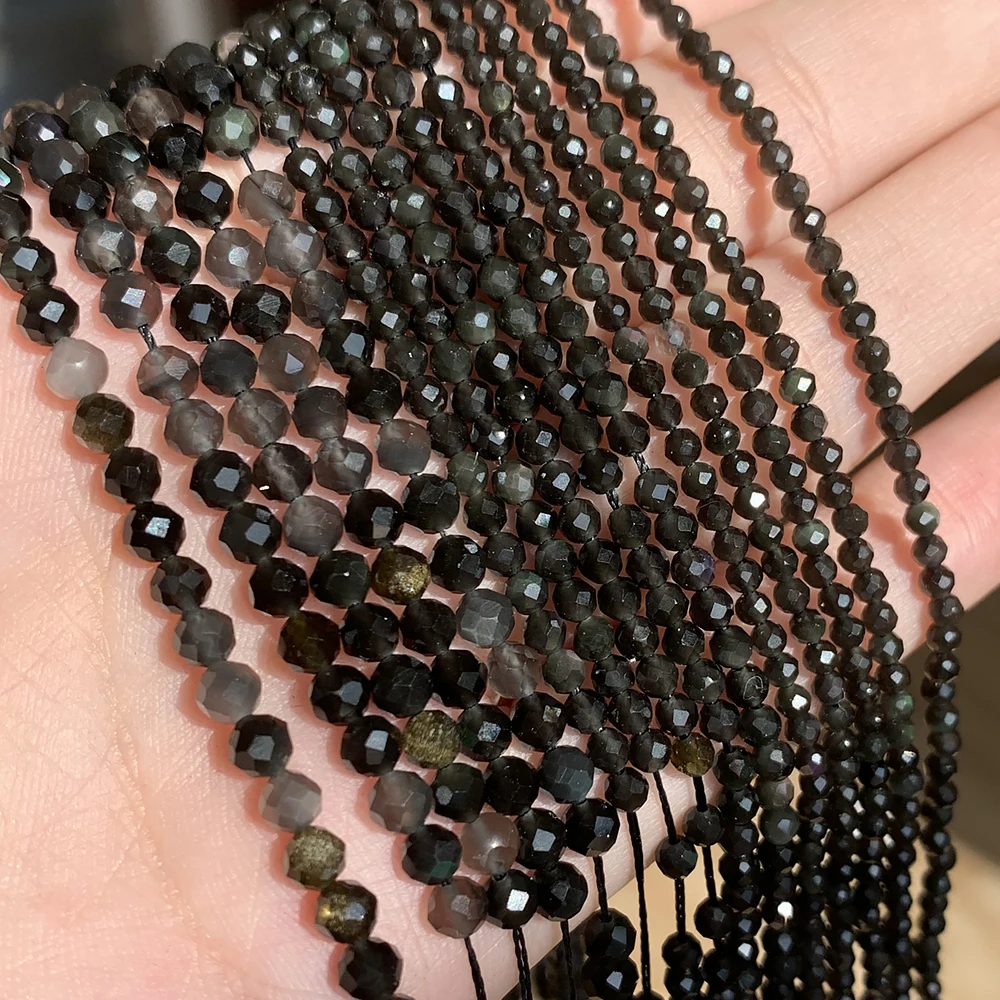 Natural Black Obsidian Stone 2/3/4mm Faceted Loose Round Mineral Beads for - £6.23 GBP
