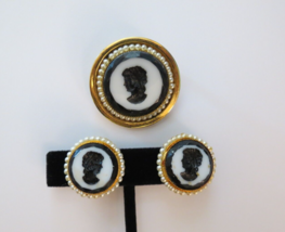 Cameo Brooch Earrings Set Glass Intaglio Black White Simulated Pearls Cl... - $32.99