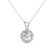 1.79CT Created Diamond 14K White Gold Halo Pendant Necklace W/ 18&quot; Chain - £181.22 GBP