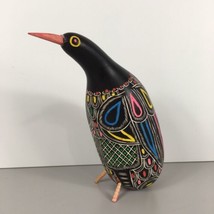 Vintage Peruvian Dried Gourd Hand-Carved Black Bird Colorful Folk Art Fi... - $54.44