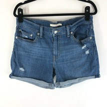 Levis Womens Mid Length Shorts Cuffed Distressed Denim Medium Wash Size 31 - £15.37 GBP